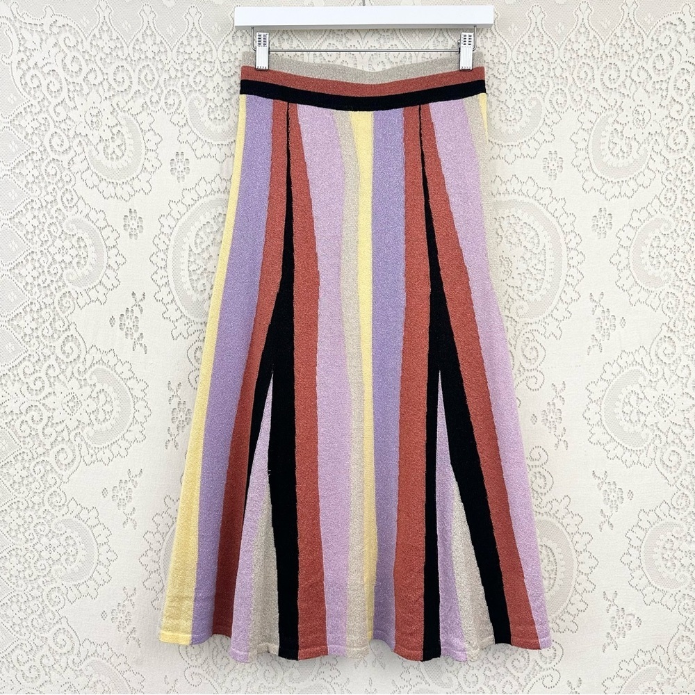 Anthropologie Laia Striped Knit Midi Skirt Metallic Shimmer